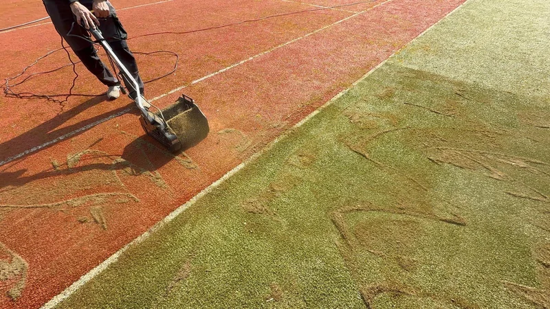 Machine cleaning on the red and green surface of a tennis court